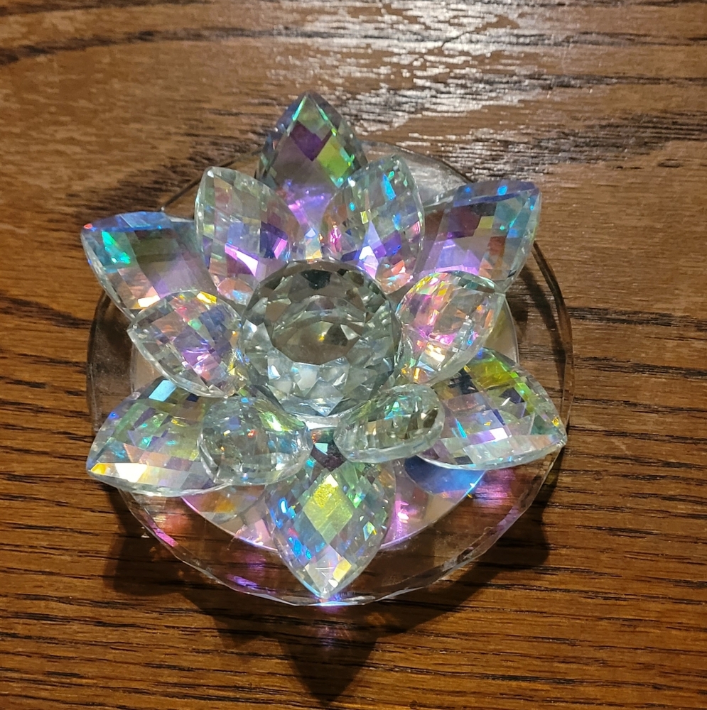 Trinket Dish Lotus Flower Petals Crystal Art Glass Prism Colorful Dish 4"